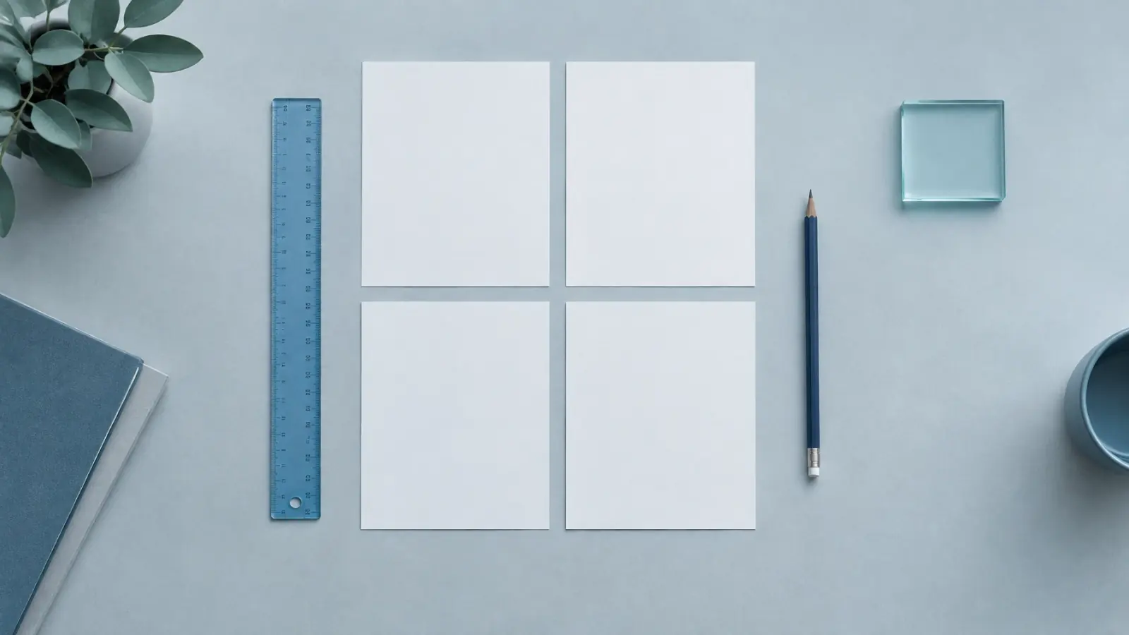Unmarked paper, a translucent blue ruler, and a pencil arranged in a precise grid