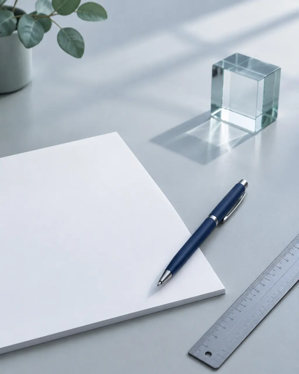 Blank paper, a navy pen, and a ruler arranged on a cool-toned work surface