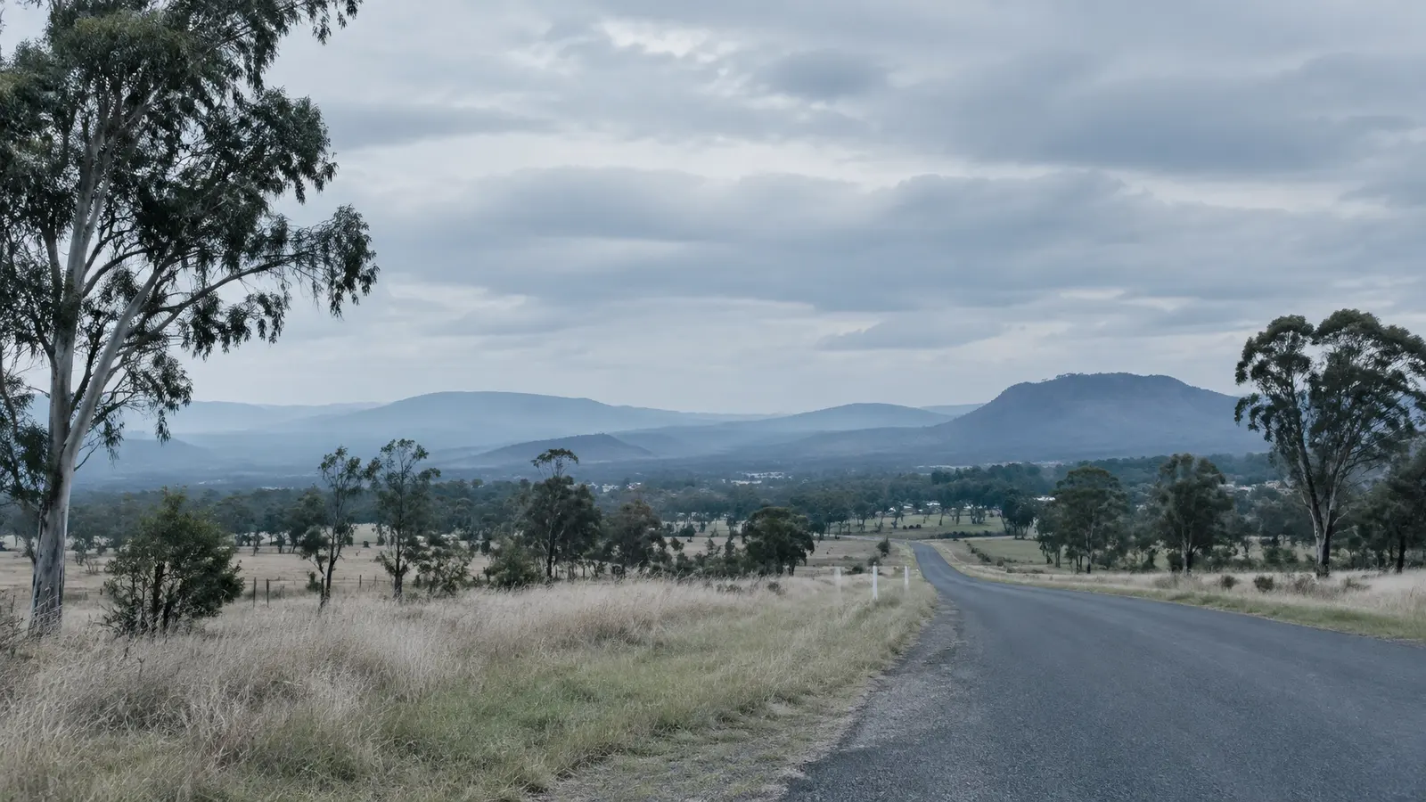 A quiet regional Queensland road leading through pale grass toward distant blue-grey hills