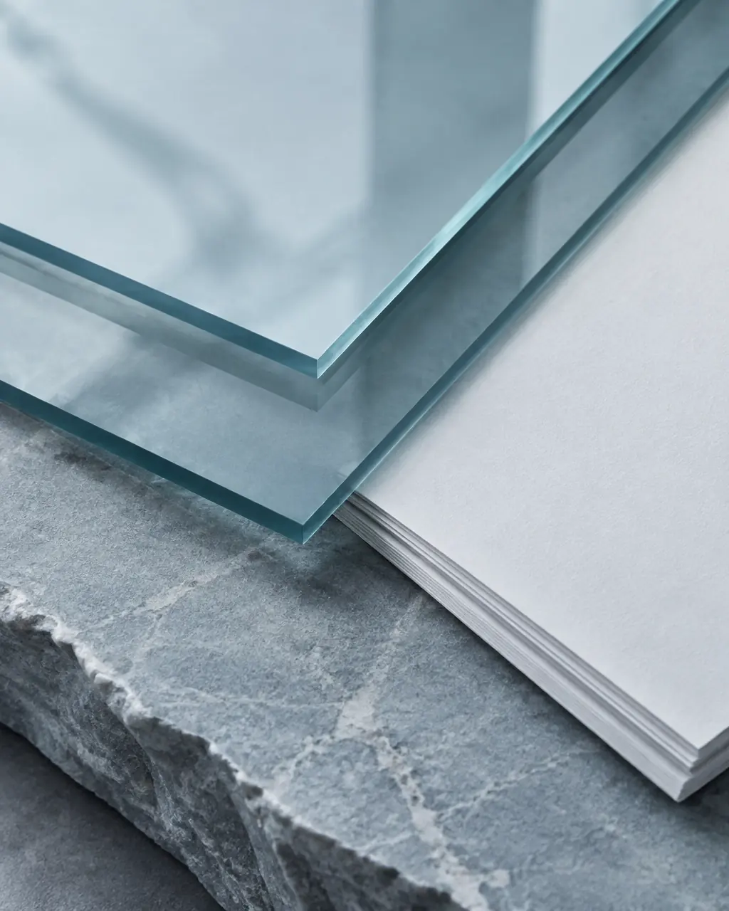 Layered blue-grey glass and unmarked paper edges on a cool stone surface
